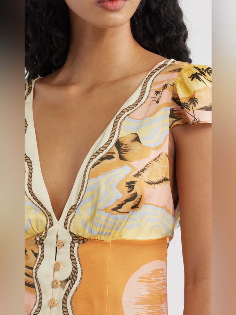 FARM Rio Tropical Shell-Print Midi Dress in Peach, Mustard & Cream - Picture 4 of 7